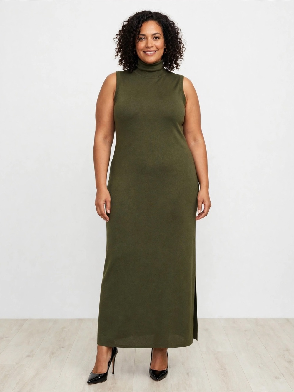 Sleeveless Turtleneck Maxi Dress in Olive